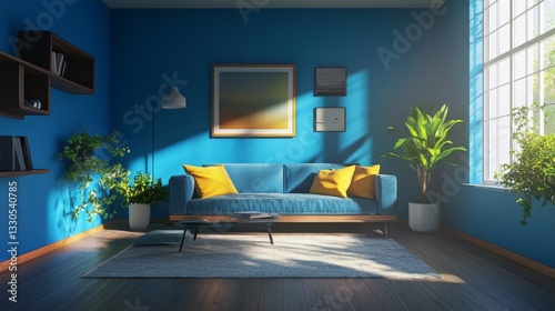 A blue-walled living room with nothing in it.
