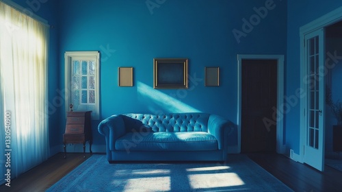 A blue-walled living room with nothing in it.