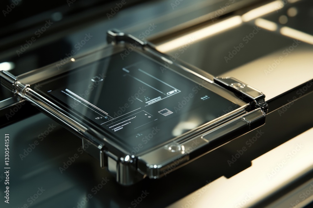 Futuristic Transparent Tablet with Advanced Interface Displaying Data and Analytics Futuristic Transparent Tablet with Advanced Interface Displaying Data and Analytics