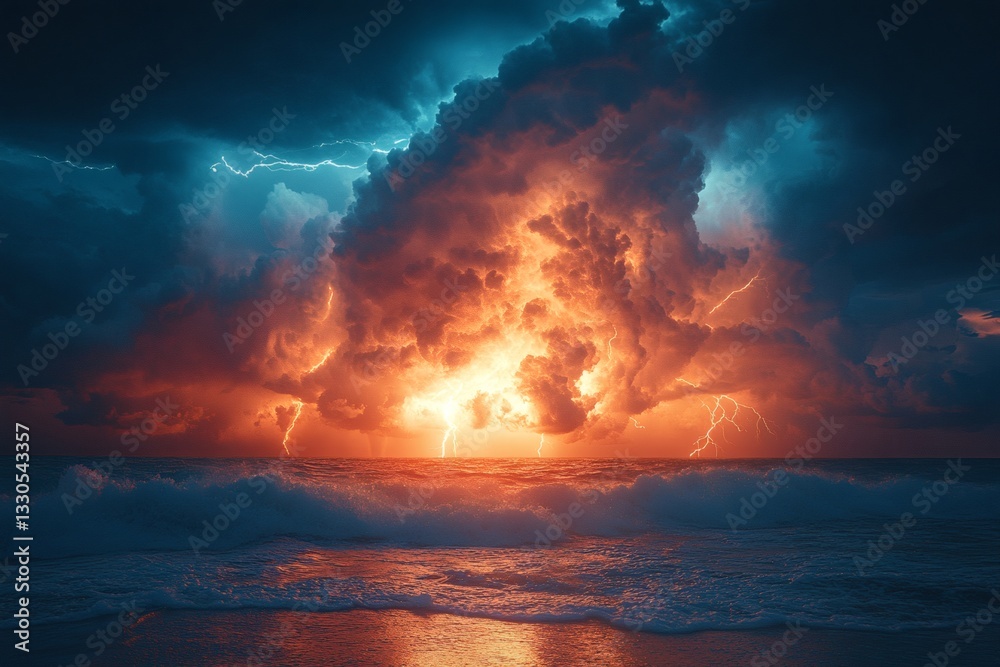 Fierce lightning storm over ocean at sunset. Dramatic cloudscape with vibrant colors and powerful energy. Fierce lightning storm over ocean at sunset. Dramatic cloudscape with vibrant colors and powerful energy.