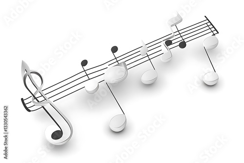 Dynamic three-dimensional musical notes staff on white, embodying harmony