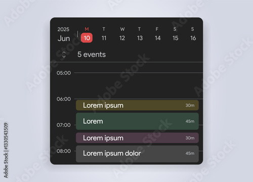 Mobile calendar interface template with scheduled events. Digital ios planner for task management, productivity, and organization. Dark iphone mobile app interface. Editable vector illustration.