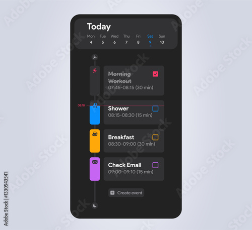 Mobile calendar interface template with scheduled events. Digital planner for task management, productivity, and organization. Dark phone mobile app interface. Editable vector illustration