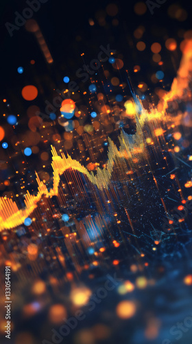 Complex data visualization showing a golden data flow fluctuating, creating an abstract digital landscape