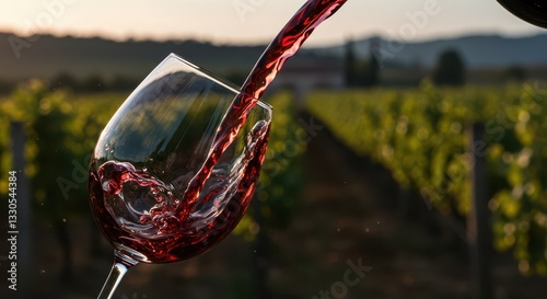 Pouring Red Wine Into Glass at Vineyard During Golden Sunset