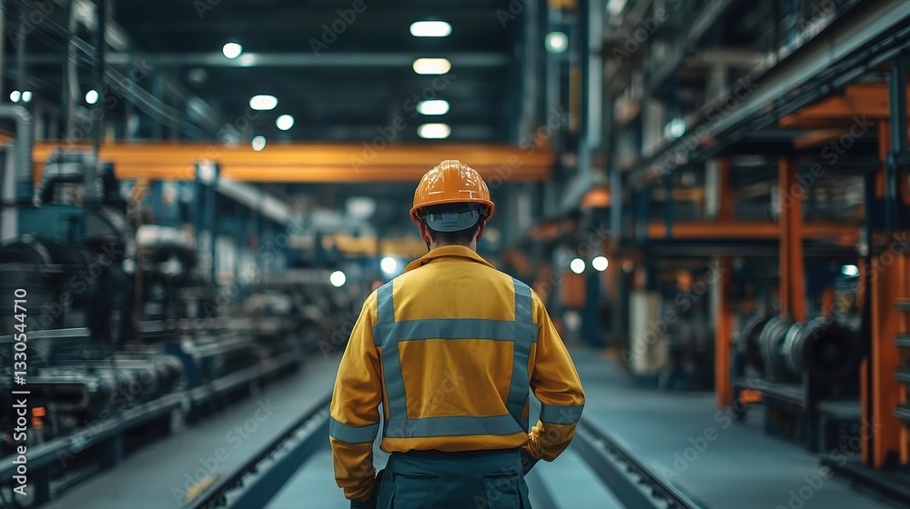 Factory Supervisor in Safety Gear Walking Through Industrial Space