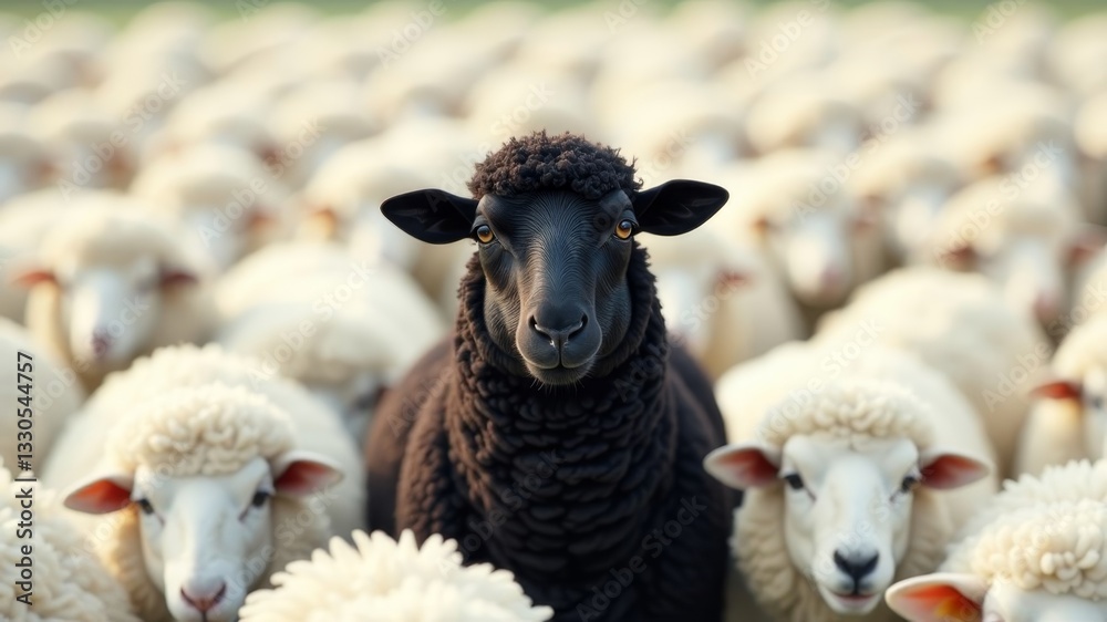 Fototapeta premium A unique black sheep standing out amidst a crowd of white sheep, highlighting individuality and diversity in a flock