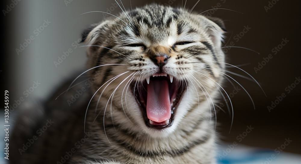 Naklejka premium A close-up of a yawning kitten with its mouth wide open, showing tiny sharp teeth and a pink tongue. The fur is soft and fluffy, with detailed whiskers. The image captures an adorable moment of a youn