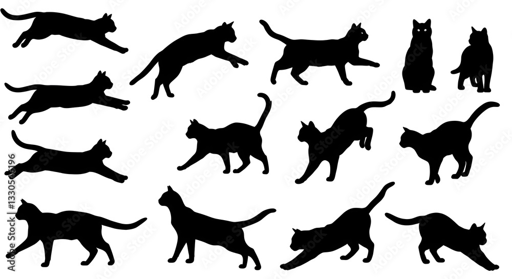 Obraz premium features various silhouettes of cats in different poses, such as sitting, walking, running, jumping, and stretching. The black silhouettes are ideal for design, decorations, tattoos, and graphic eleme