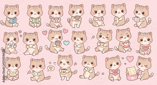 A set of adorable chibi-style cartoon cats expressing different emotions and performing various activities, drawn in a pastel pink color palette. The cats have big eyes and rounded bodies, making them