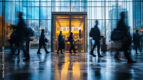 Abstract business people motion blur entering office building, modern architecture, dynamic commuters urban scene