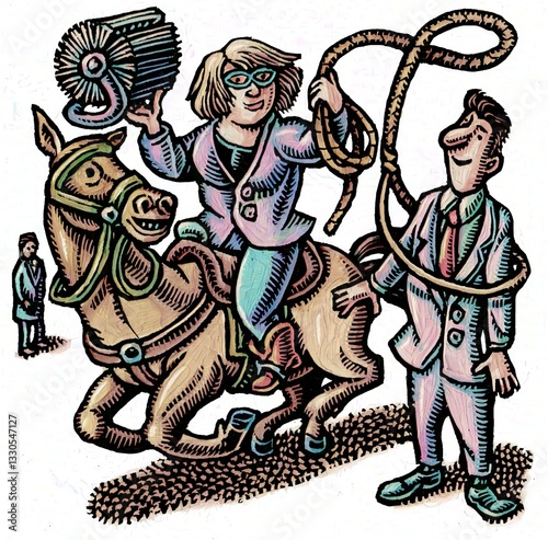 woman with rolodex rides horse and lassos man in suit