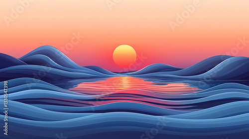 Wallpaper Mural Abstract blue wavy landscape with setting sun reflecting in water Torontodigital.ca