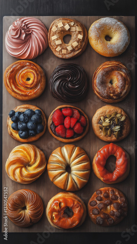 Assorted pastries on a wood surface from overhead