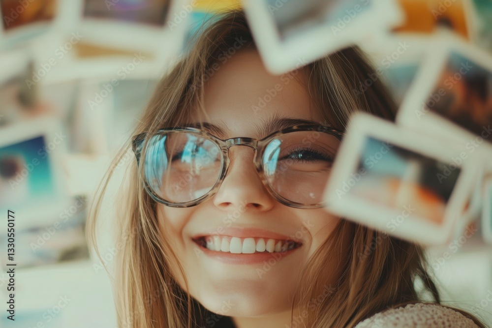 Smiling Young Woman with Glasses Surrounded by Retro Style Photographs Smiling Young Woman with Glasses Surrounded by Retro Style Photographs