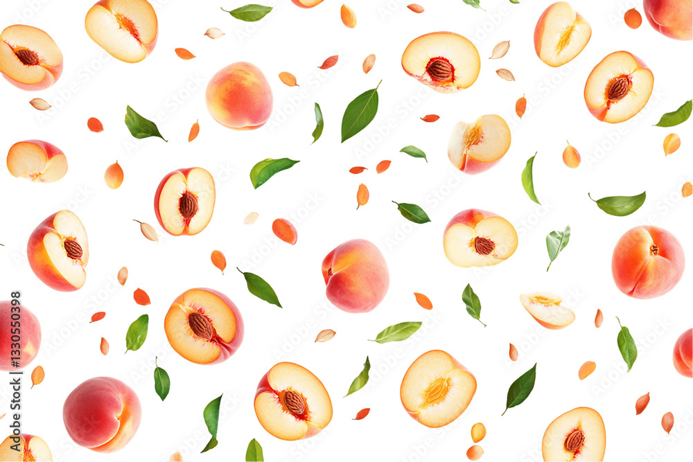 Fresh Ripe Peach Halves and Green Leaves Falling Against Transparent Background, PNG Fresh Ripe Peach Halves and Green Leaves Falling Against Transparent Background, PNG