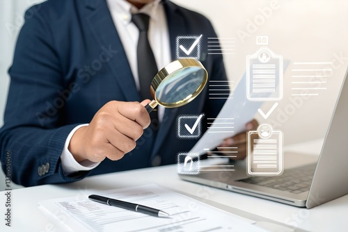 Document review process and quality control concept. Hand holding magnifying glass over a document icon with checklist, Document review and approval. Certificate management, Audit, Standardization,