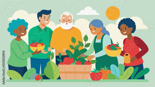 A community garden tended to by a group of seniors providing not only fresh produce but also a sense of purpose and support through working together.. Vector illustration
