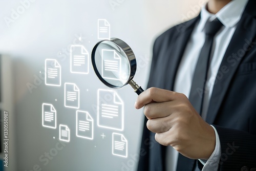 Document review process and quality control concept. Hand holding magnifying glass over a document icon with checklist, Document review and approval. Certificate management, Audit, Standardization,