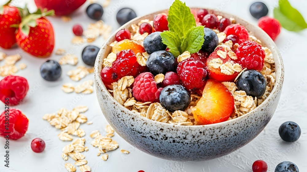 Composition with oatmeal with fruits on white Composition with oatmeal with fruits on white