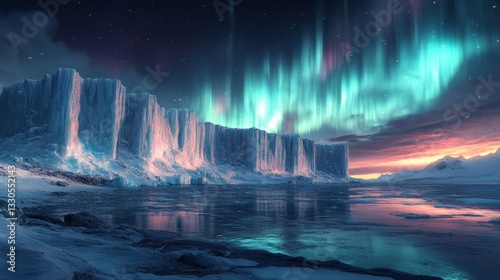 Wallpaper Mural a mesmerizing aurora borealis dances across the night sky above a towering ice wall, creating an ethereal and breathtaking spectacle. The icy landscape reflects the vibrant colors. Torontodigital.ca