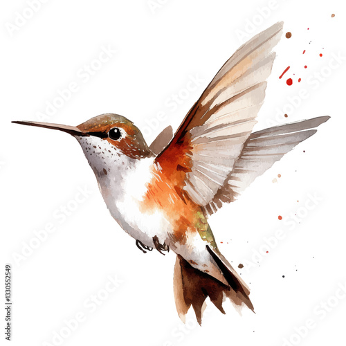 Watercolor hummingbird illustration with delicate brush strokes and realistic details in flight for artistic and nature-inspired designs
