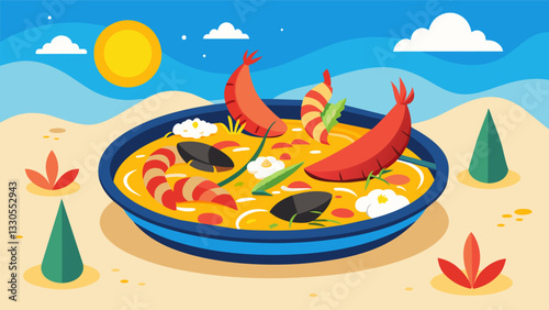 The seafood paella conjures images of seaside resorts and sunkissed beaches perfectly encapsulating the essence of a coastal vacation in every bite.. Vector illustration