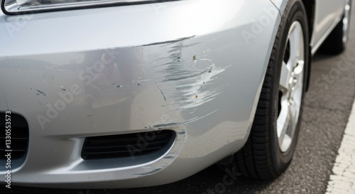 Silver Car Front Bumper with Scratches and Paint Damage