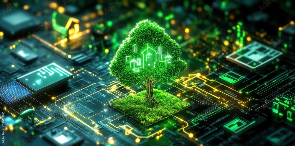 Obraz premium A green tree growing on a digital circuit board concept