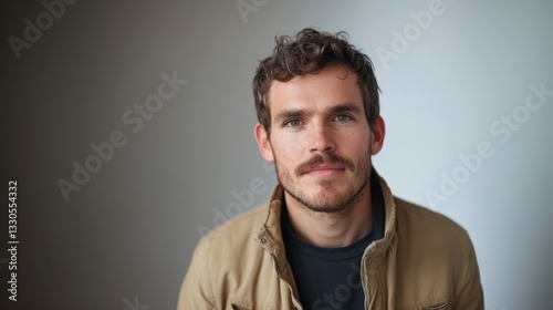 Thoughtful man with curly brown hair, mustache and jacket looks directly at camera against soft background.