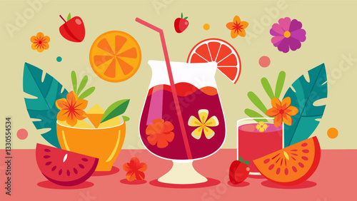 The Sangria Summer Party was a feast for the senses with the vibrant colors of the sangria complementing the colorful summer decorations and bright floral arrangements.. Vector illustration