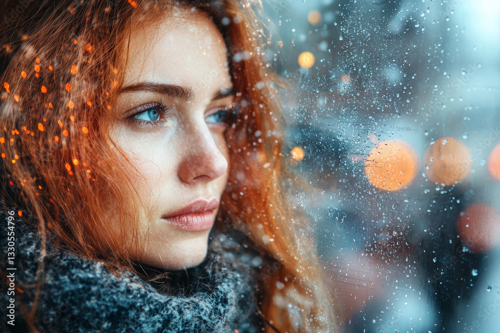 close up of woman with red hair looking thoughtfully out window during snowy day, with raindrops on glass and warm lights in background creating cozy atmosphere close up of woman with red hair looking thoughtfully out window during snowy day, with raindrops on glass and warm lights in background creating cozy atmosphere