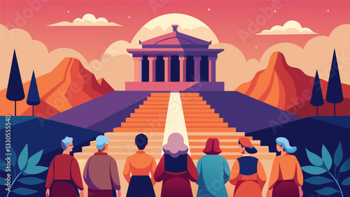 A stunning view of an ancient temple where a group of seniors are rendered speechless by the grandeur and beauty of this exotic destination.. Vector illustration