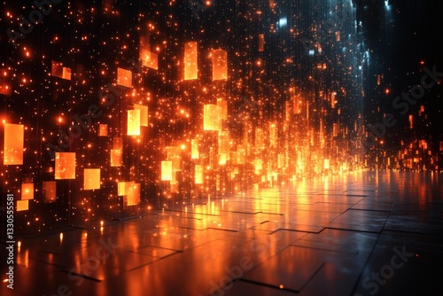 Abstract visualization of orange glowing cubes in a futuristic setting  suggesting a sense of innovation  technology  and digital transformation