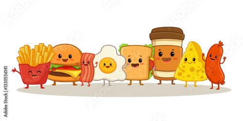 Set of fast food characters isolated on white. Cartoon hamburger, sandwich, cheese, fried eggs, french fries, bacon, cup of coffee, bacon, sausage in flat style. Vector illustration