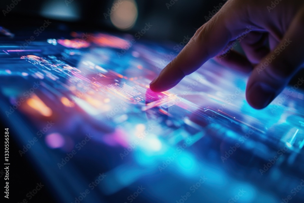 Finger Interacting with Futuristic Touchscreen Display Highlighting Advanced Technology and Us Finger Interacting with Futuristic Touchscreen Display Highlighting Advanced Technology and Us