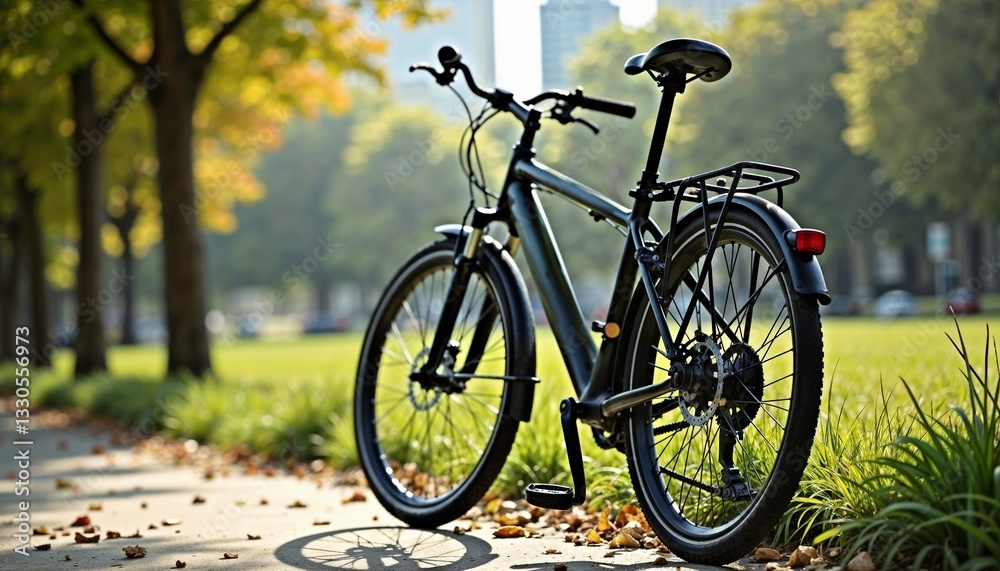 Fototapeta premium Bicycle parked near busy urban park illustrating eco-friendly transport options