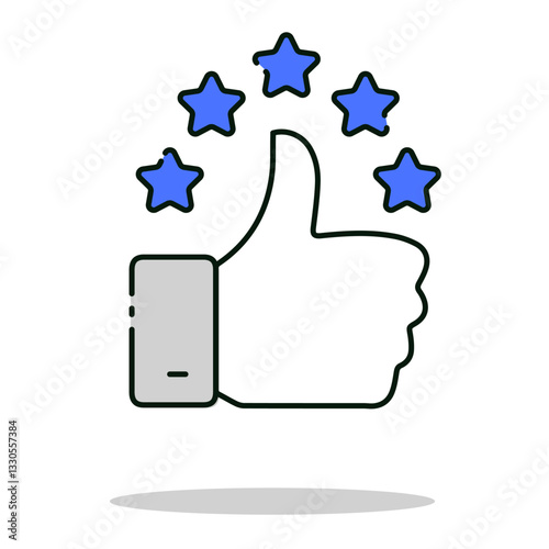 Thumbs-up with stars representing approval, positive reinforcement, and performance recognition, editable stroke