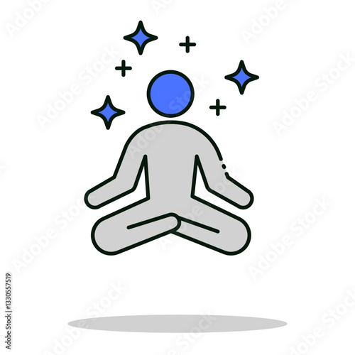 Person meditating with sparkles representing relaxation, mental well-being, and mindfulness practice, editable stroke