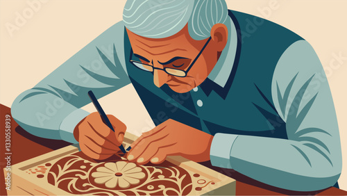 A closeup of a seniors hands carefully carving and etching intricate designs into a block of wood as part of a theutic woodworking session.. Vector illustration