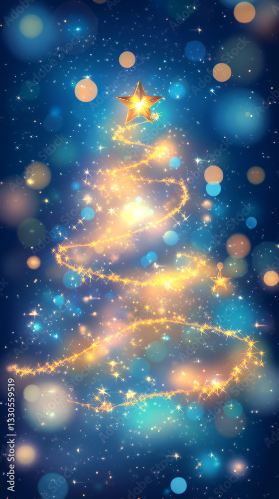 Fototapeta premium Golden light swirls forming abstract pine tree shape, glowing star crowning luminous design against blurred blue holiday backdrop