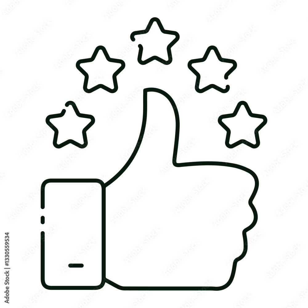 Thumbs-up with stars representing approval, positive reinforcement, and performance recognition, editable stroke Thumbs-up with stars representing approval, positive reinforcement, and performance recognition, editable stroke
