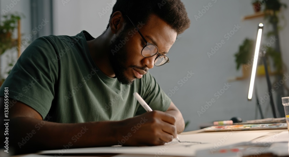 Young african male artist sketching at desk in art studio Young african male artist sketching at desk in art studio