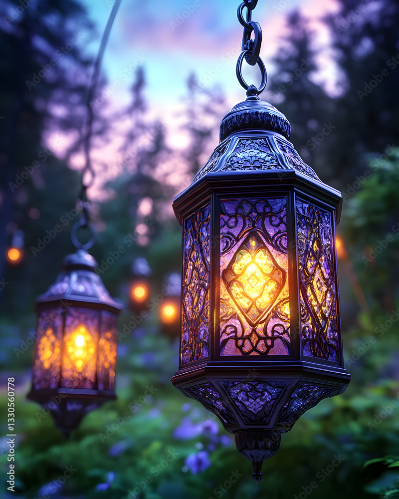 Intricate lanterns hanging in a mystical forest at twilight Intricate lanterns hanging in a mystical forest at twilight