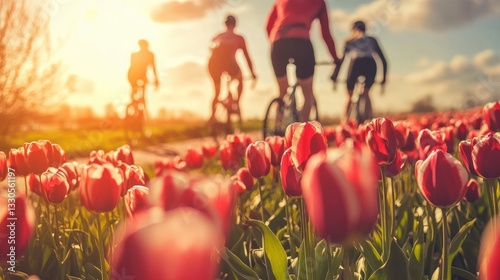 Cyclists riding through a vibrant field of blooming tulips at sunset, capturing the essence of leisure and outdoor activity in a picturesque landscape