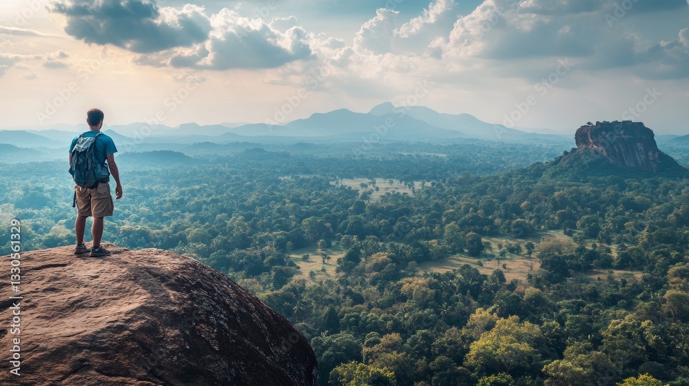 Fototapeta premium A traveler stops to admire the stunning landscape of Sri Lanka while on a hike to the Sigiriya rock fortress.