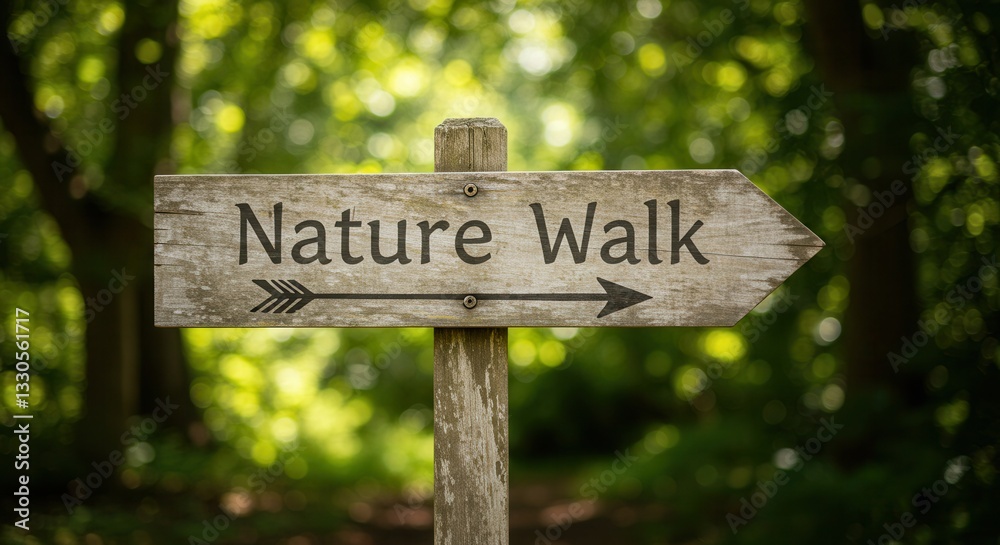 Nature Walk Sign in Forest Guiding Hikers Through Green Scenery Nature Walk Sign in Forest Guiding Hikers Through Green Scenery