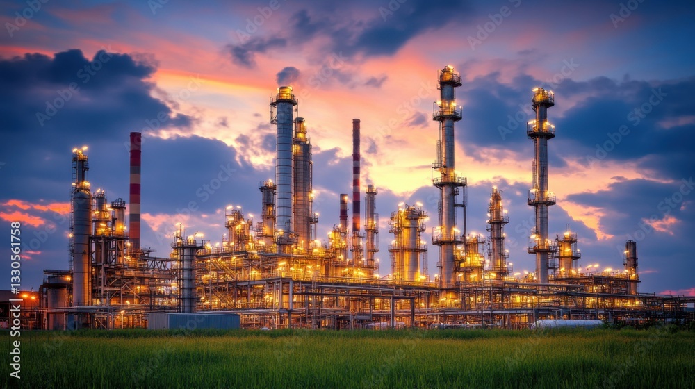 Fototapeta premium Industrial Refinery with Glowing Lights Under Sunset Sky
