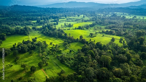 An aerial view of the Tanah Merah countryside shows lush green fields and trees from a high angle. The image captures the beauty of the natural landscape in Malaysia. photo