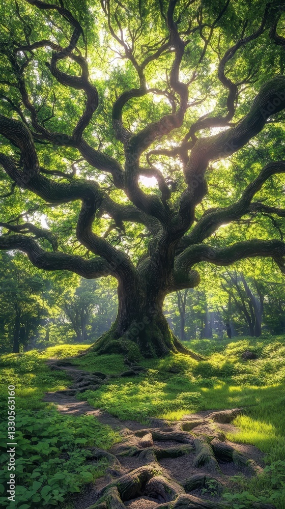 Naklejka premium A massive ancient tree with expansive branches in a forest